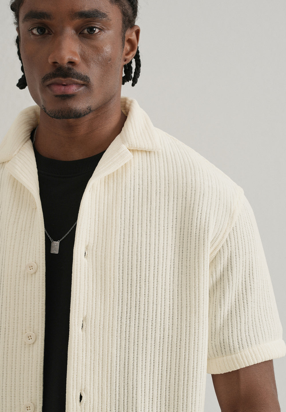 Ivory Suede Knit Cuban Collar Shirt