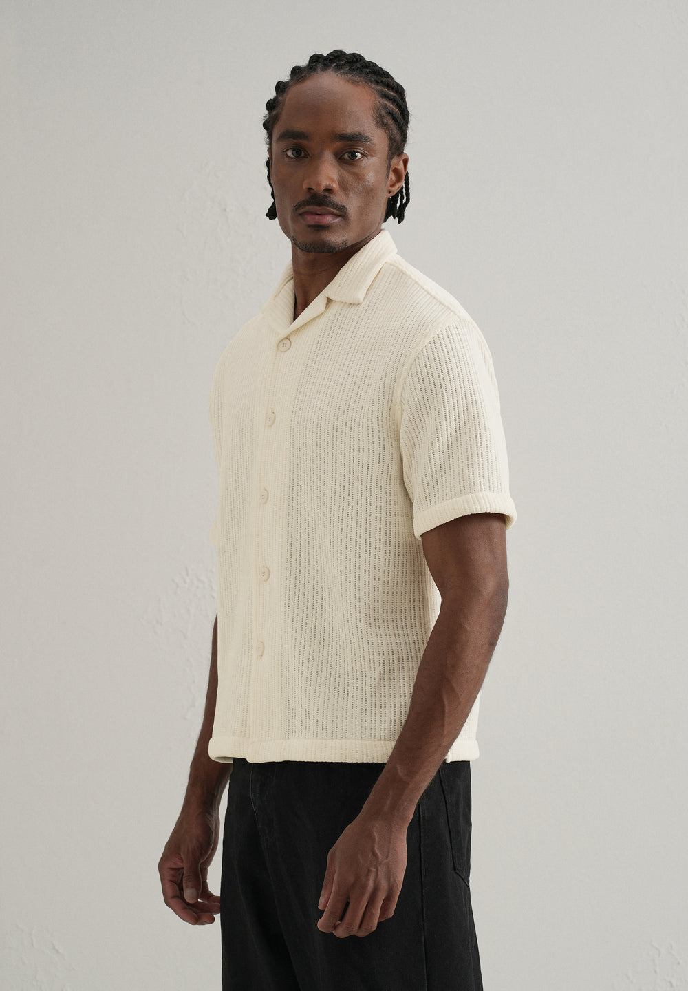 Ivory Suede Knit Cuban Collar Shirt