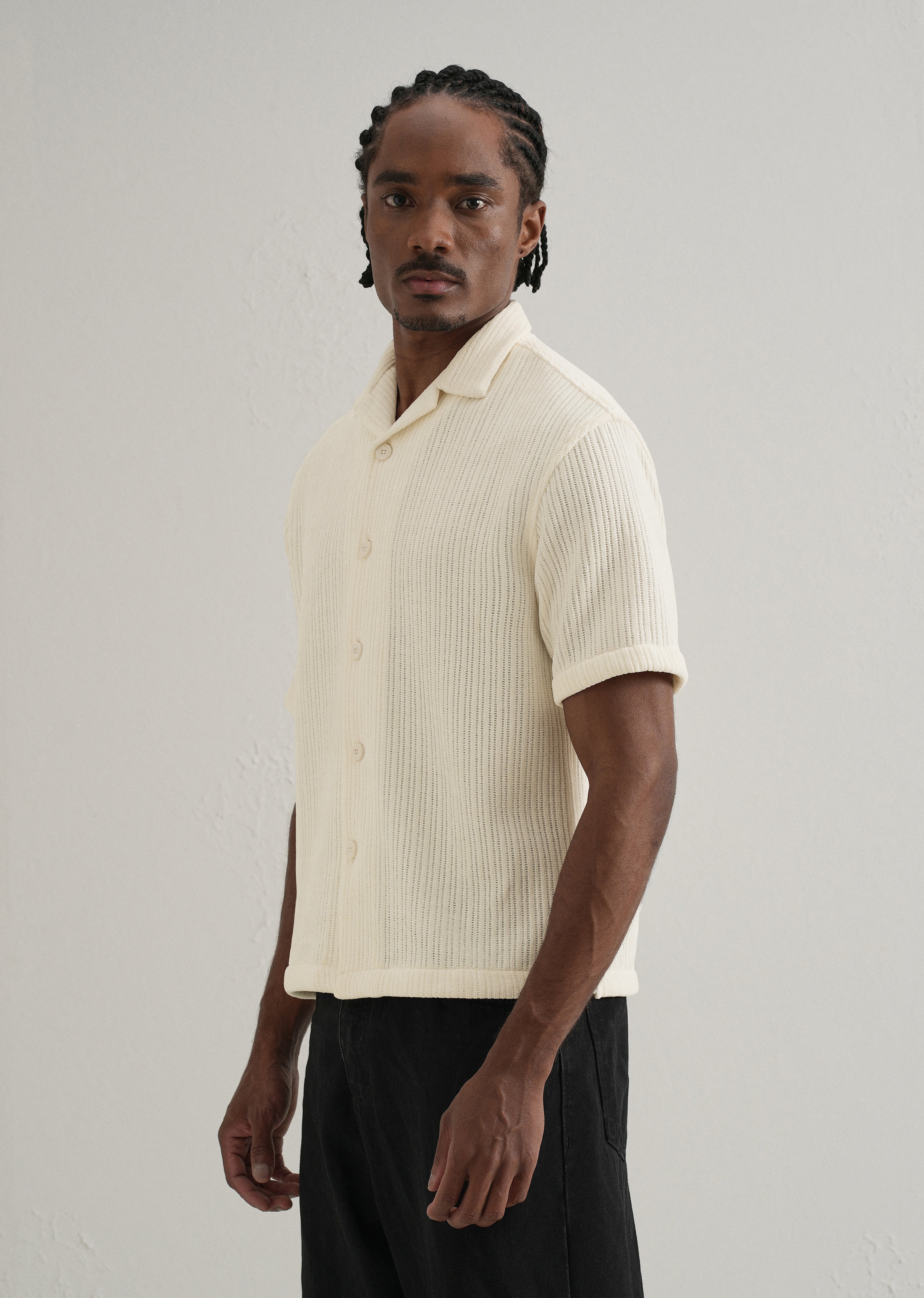 Ivory Suede Knit Cuban Collar Shirt