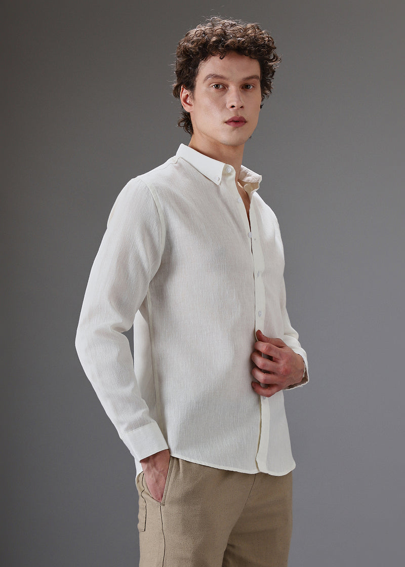 Embroidered Linen Blend Button Up Off White