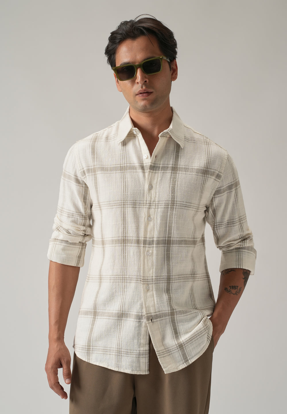 Off White Cotton Linen Check shirt