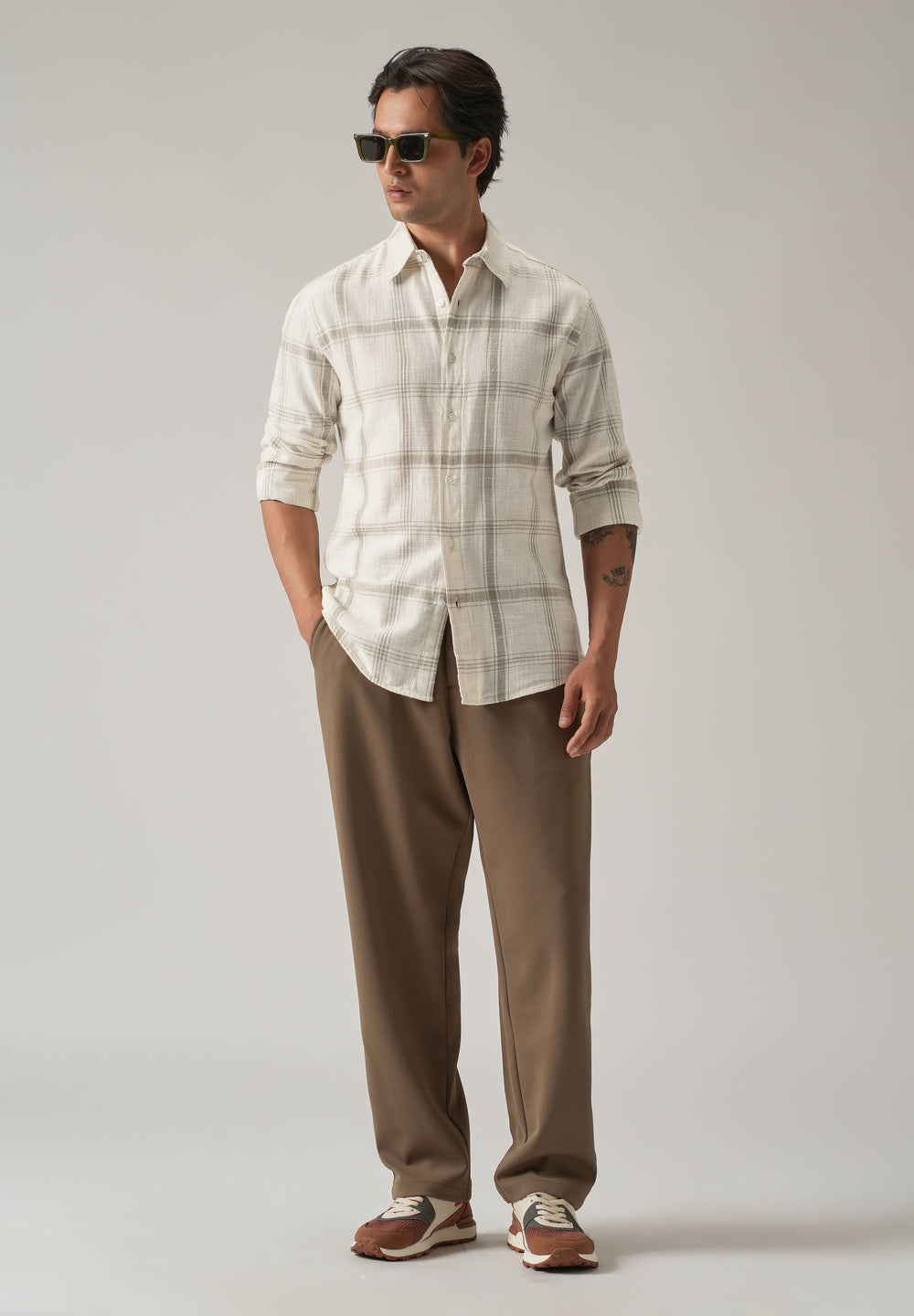 Off White Cotton Linen Check shirt