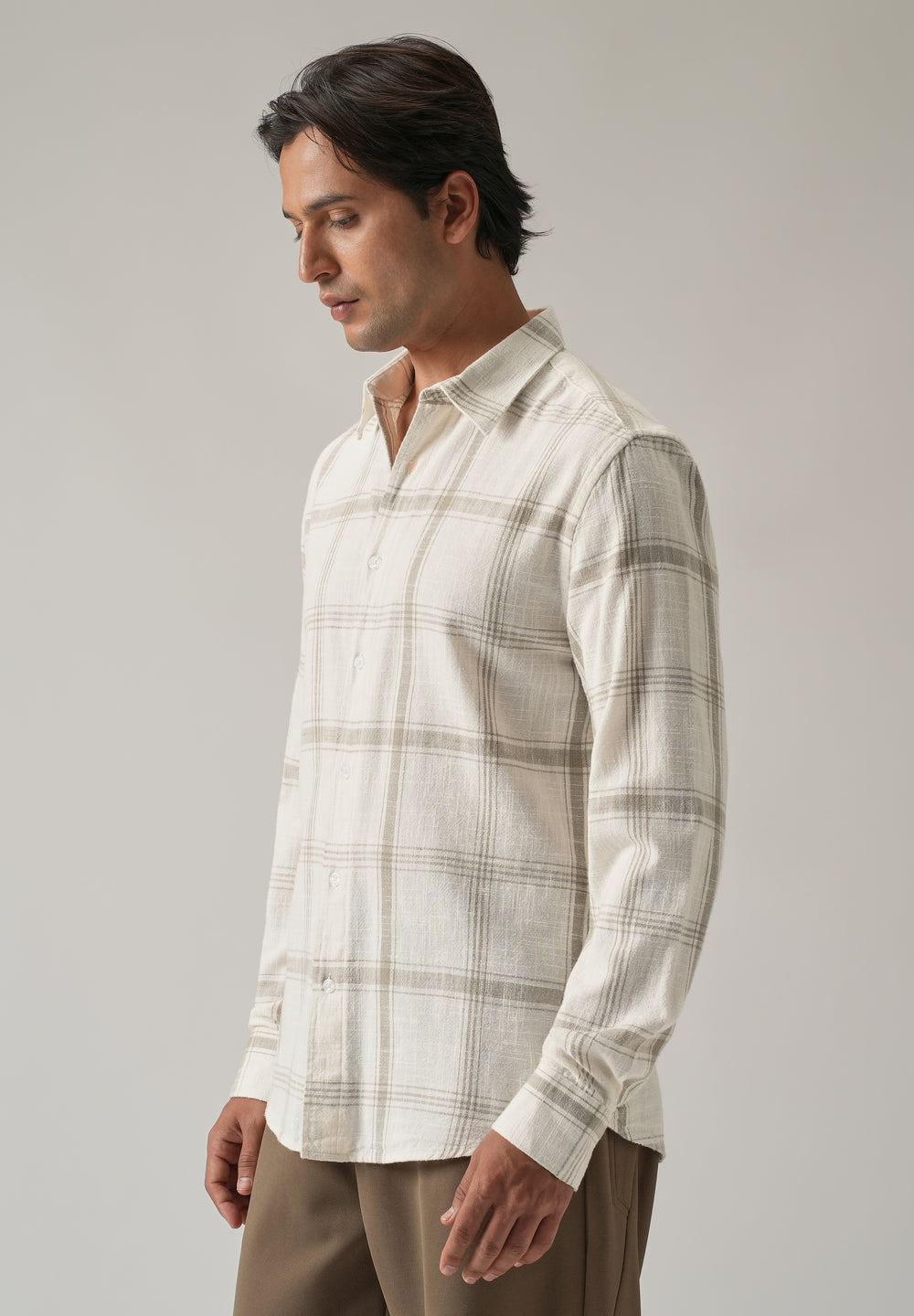 Off White Cotton Linen Check shirt