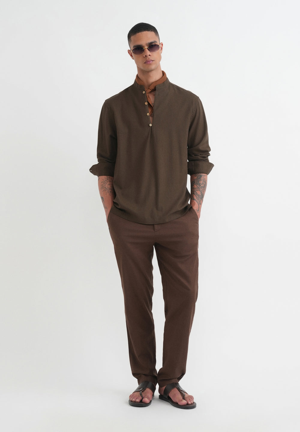 Olive Brown Mandarin Collar Kurta Shirt