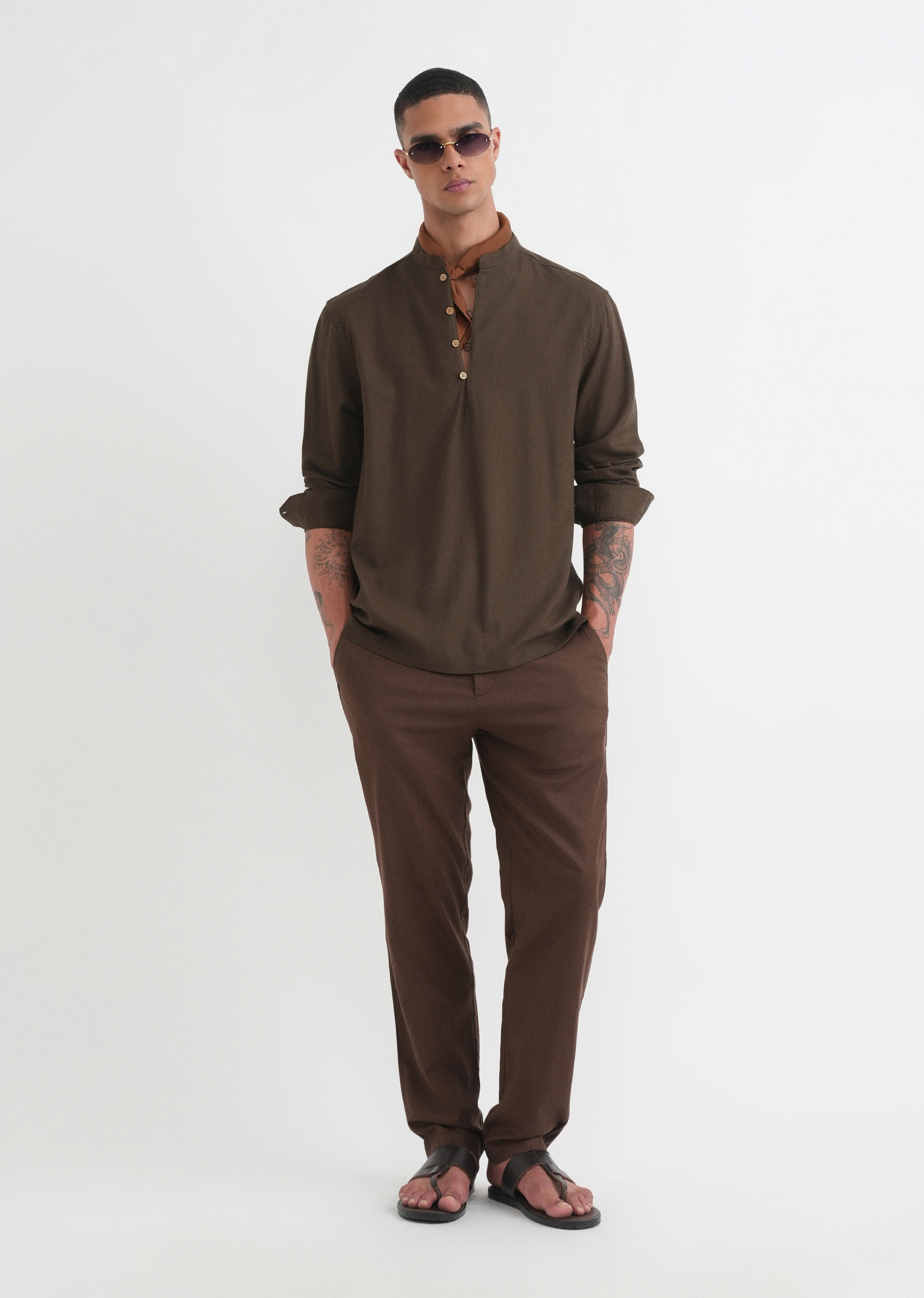 Olive Brown Mandarin Collar Kurta Shirt