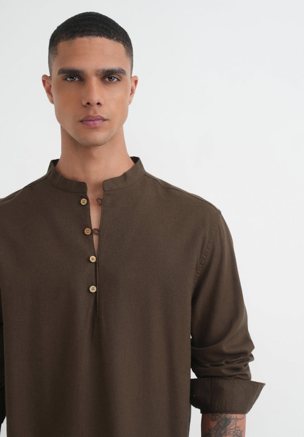 Olive Brown Mandarin Collar Kurta Shirt