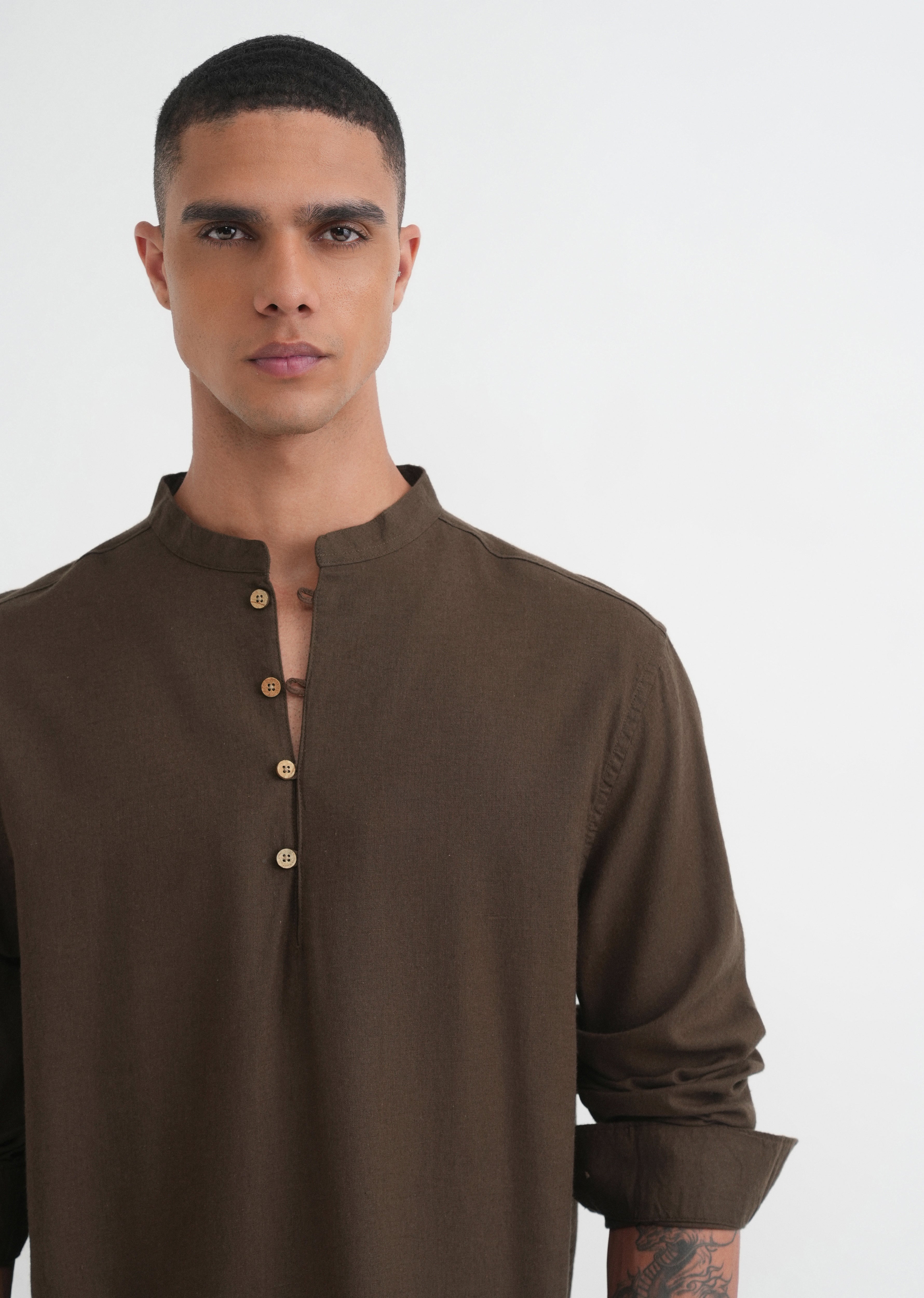 Olive Brown Mandarin Collar Kurta Shirt