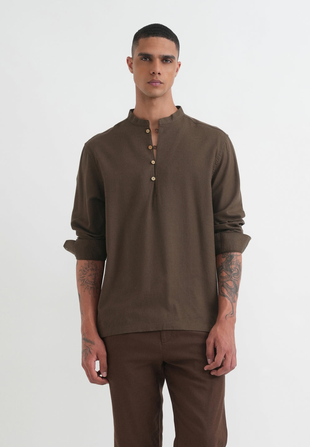 Olive Brown Mandarin Collar Kurta Shirt