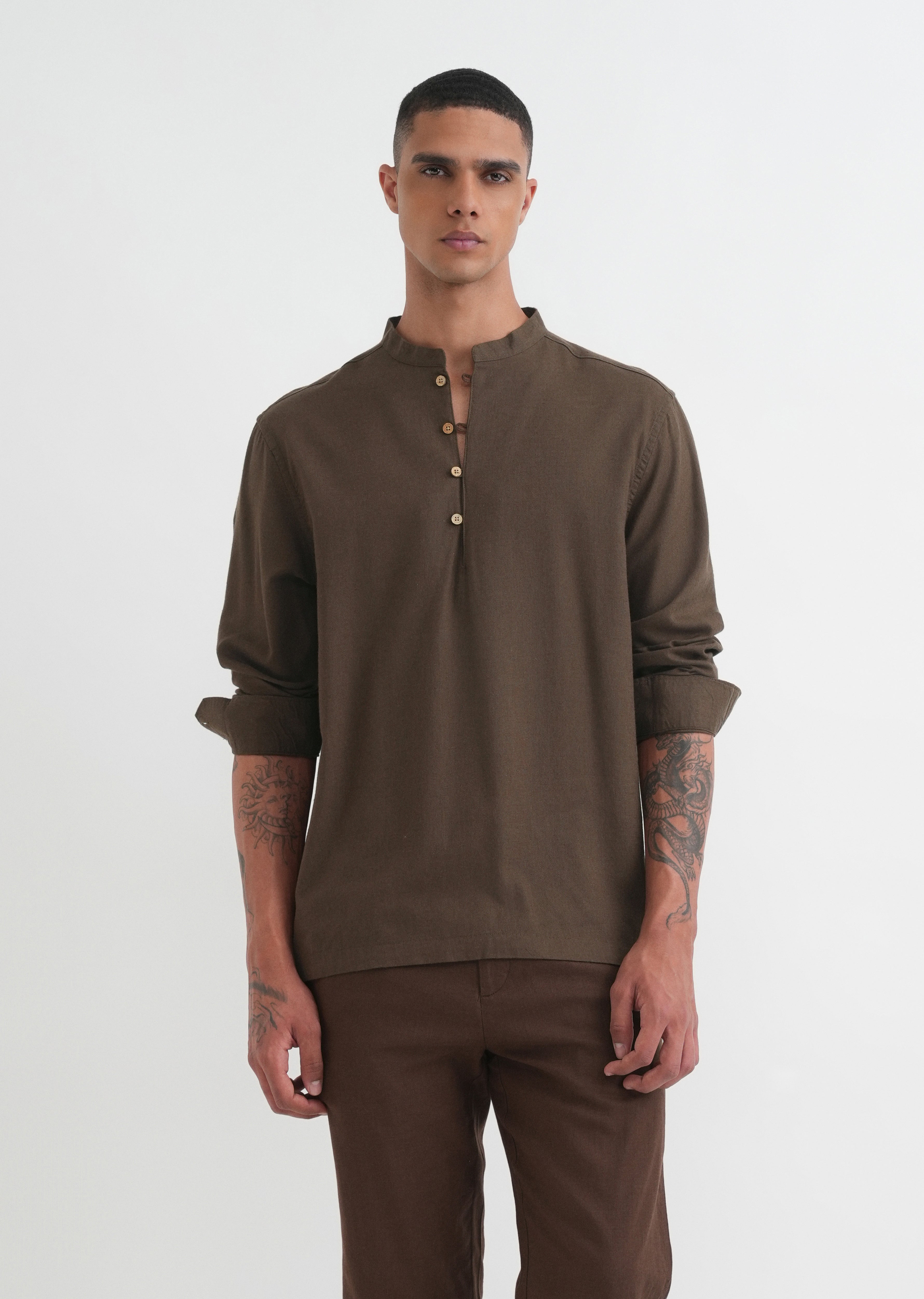 Olive Brown Mandarin Collar Kurta Shirt