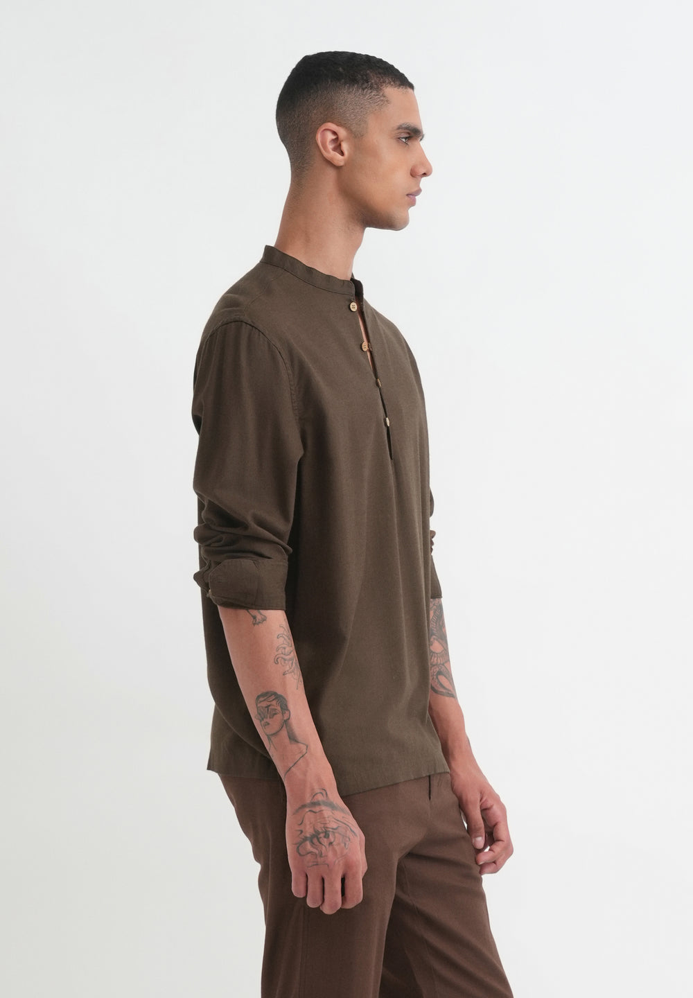 Olive Brown Mandarin Collar Kurta Shirt