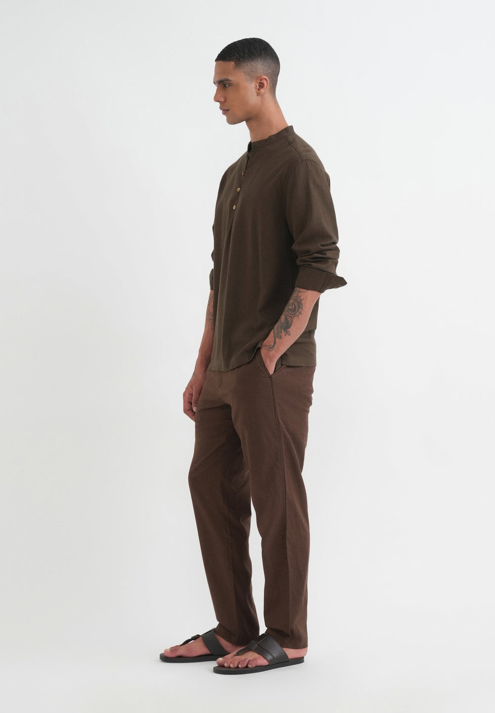 Olive Brown Mandarin Collar Kurta Shirt