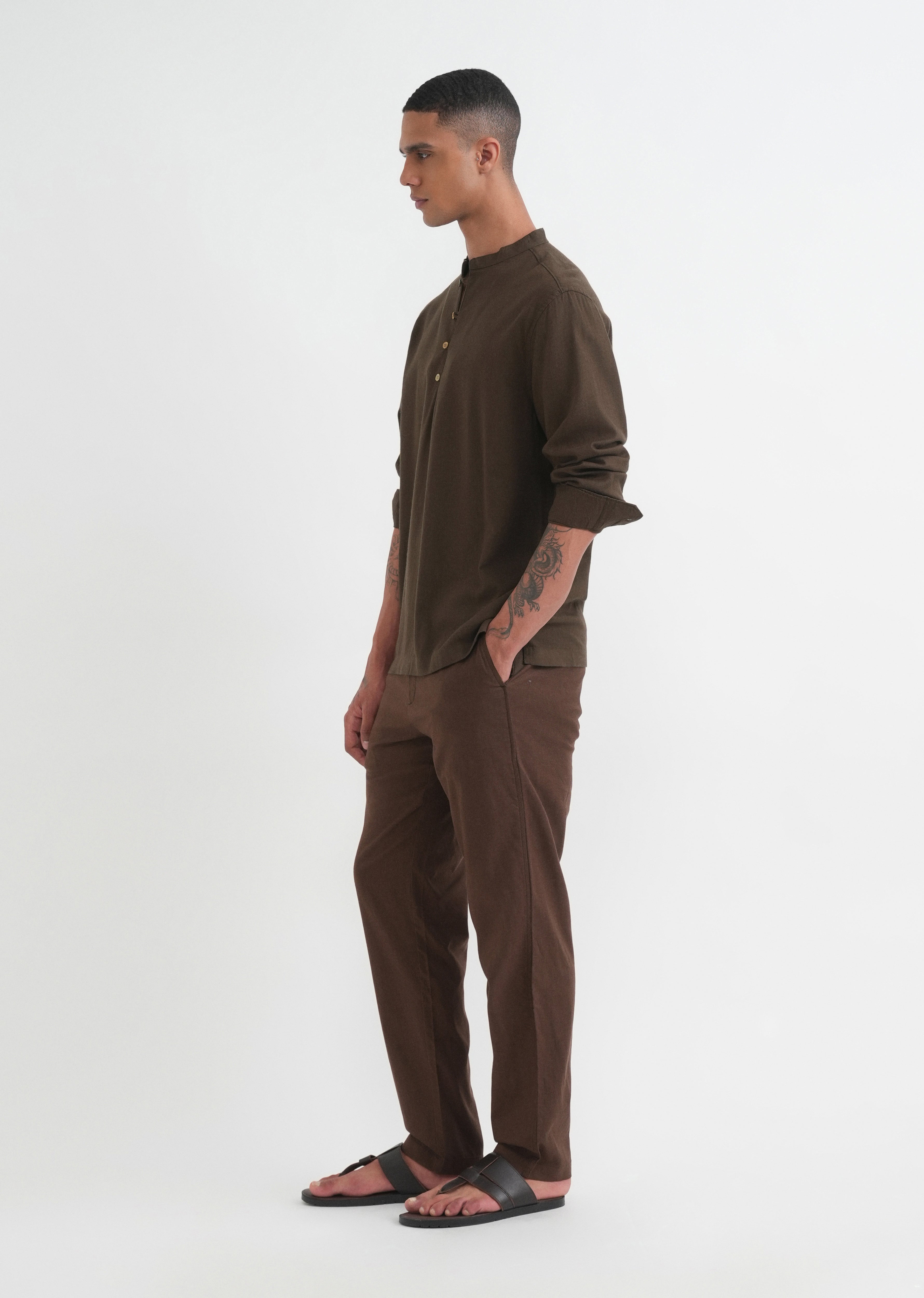 Olive Brown Mandarin Collar Kurta Shirt