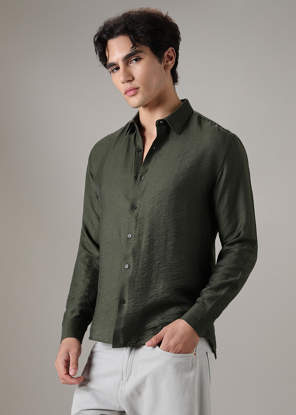 Olive Crushed Satin Shirt