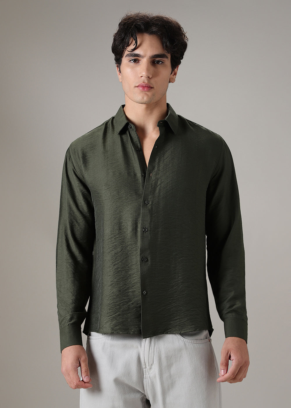 Olive Crushed Satin Shirt