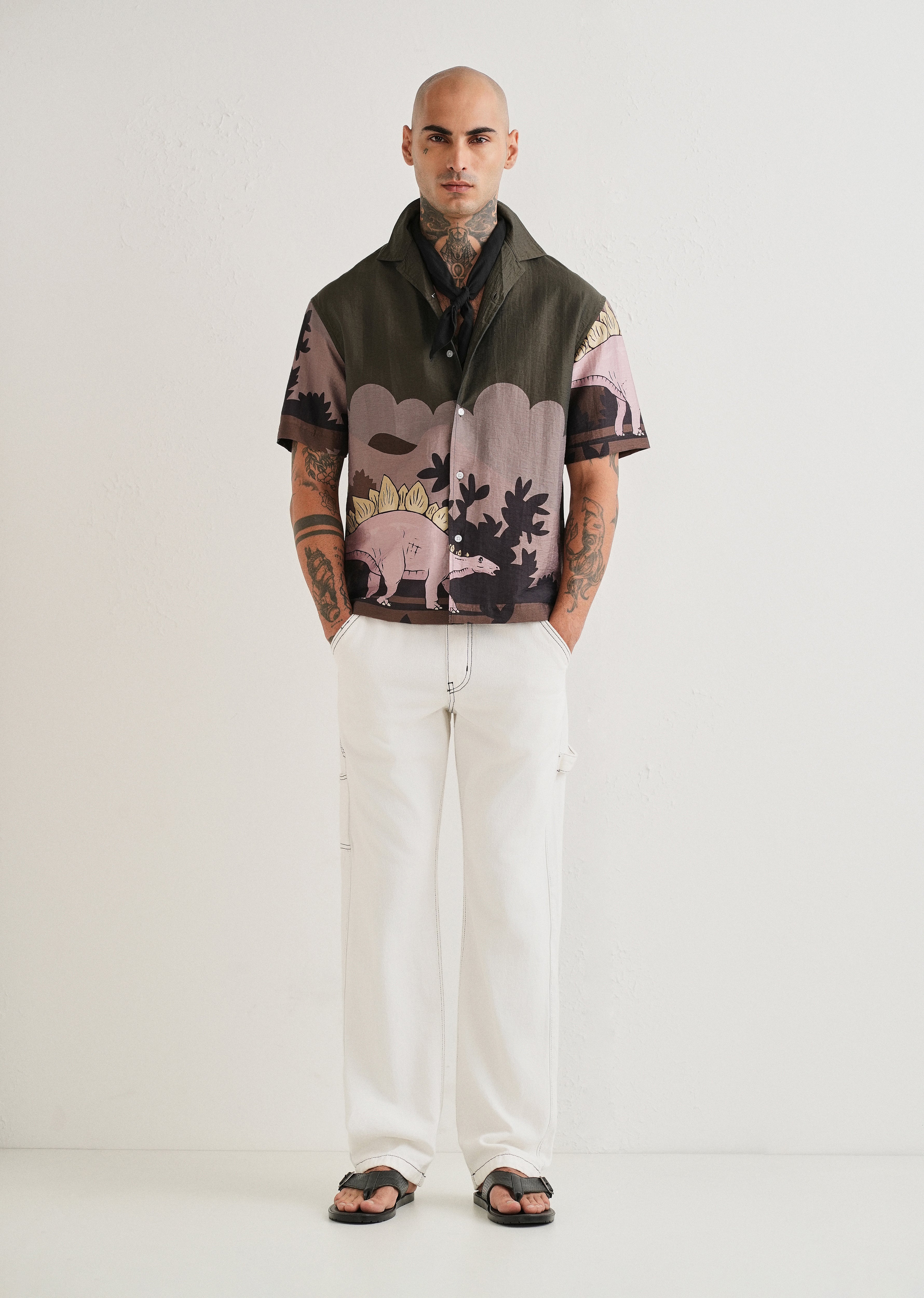 Olive Dino Placement Print Shirt