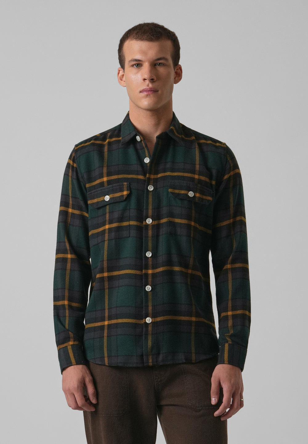Olive Green Brushed Cotton Check Shirt