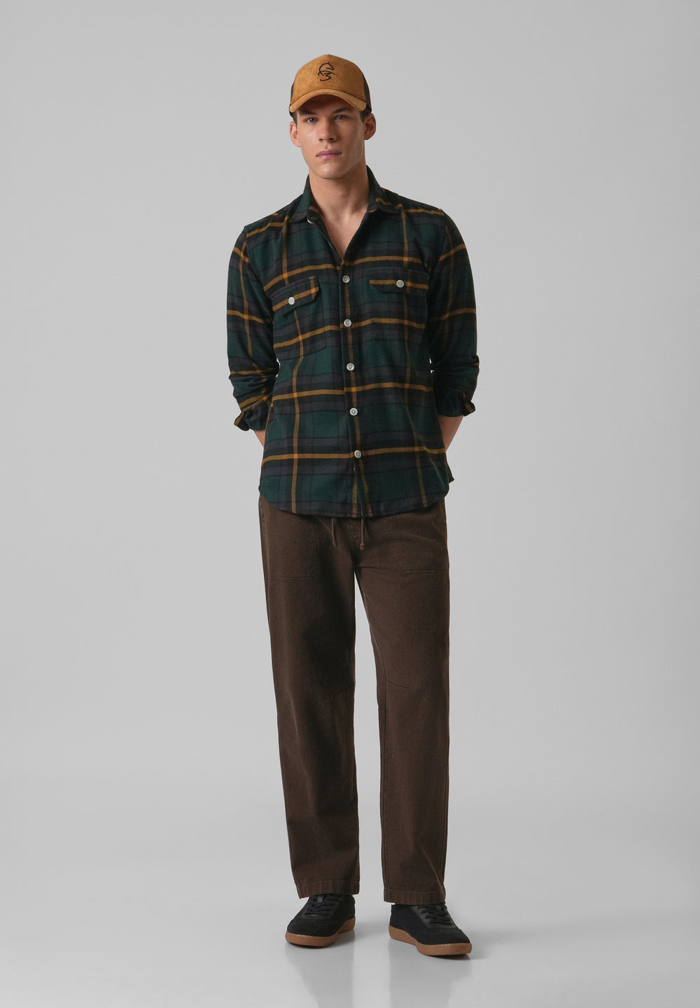 Olive Green Brushed Cotton Check Shirt