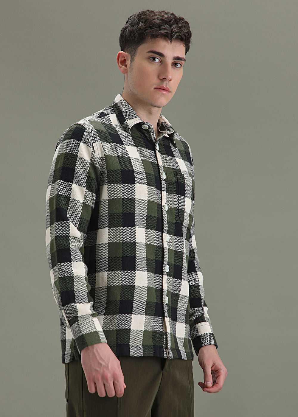 Olive Green Checked Overshirt