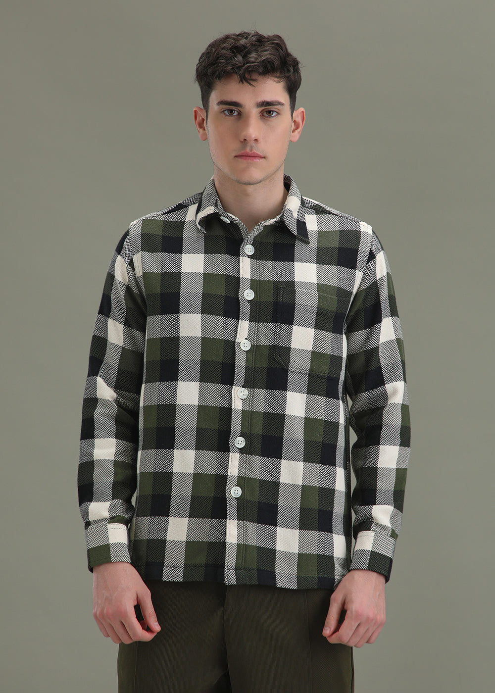 Olive Green Checked Overshirt