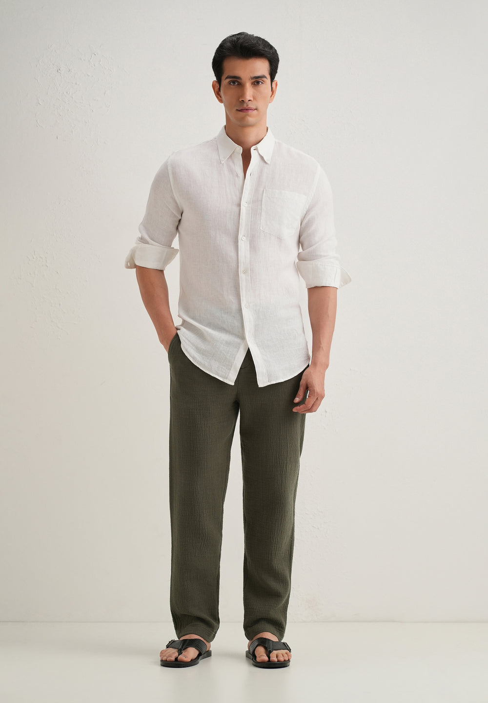 Olive Green Crinkled Cotton Trouser