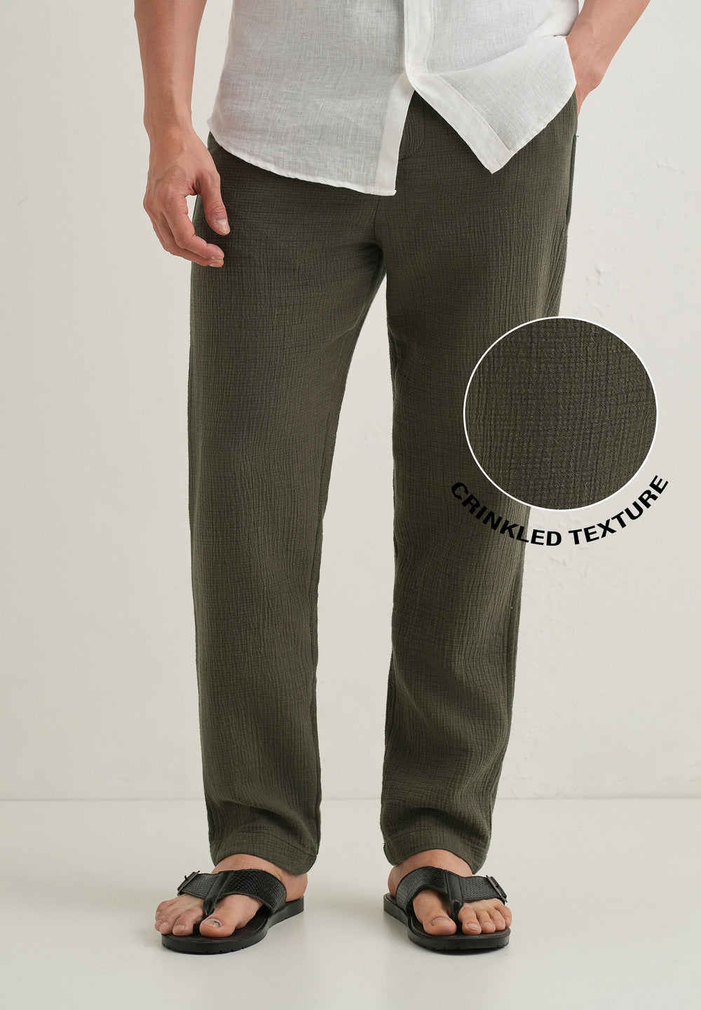 Olive Green Crinkled Cotton Trouser