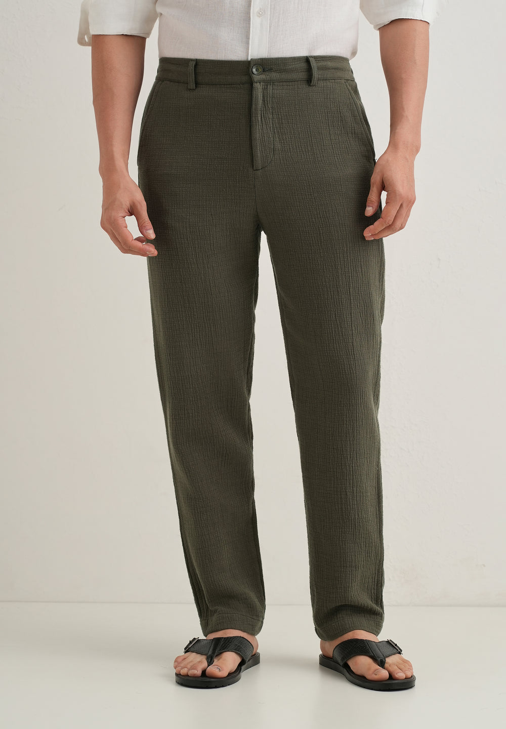 Olive Green Crinkled Cotton Trouser