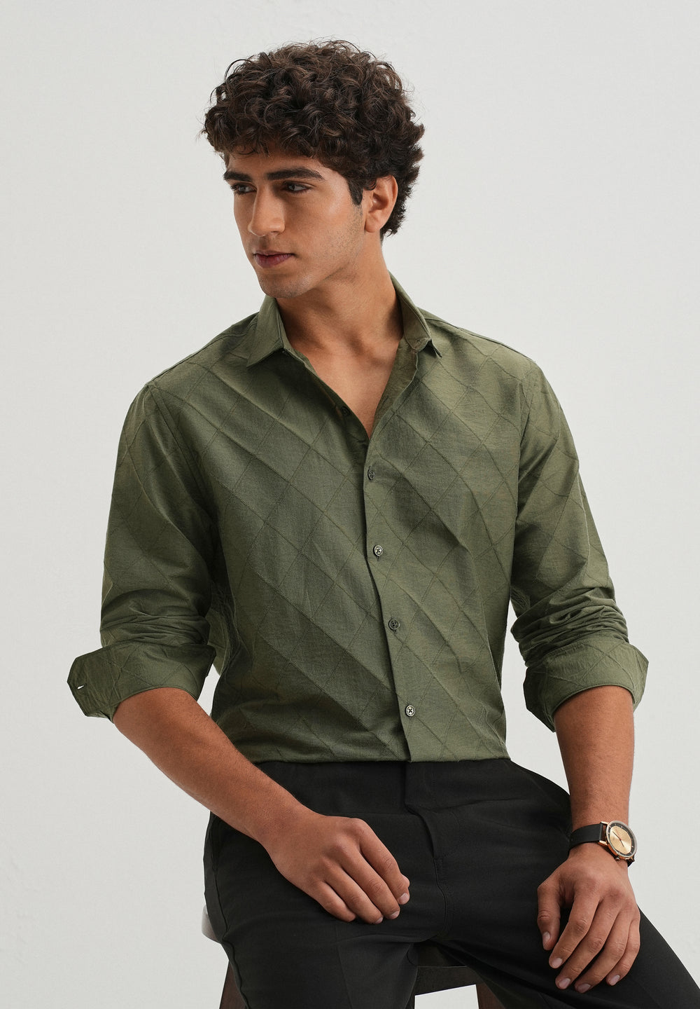 Olive Green Diamond Self Pattern Shirt
