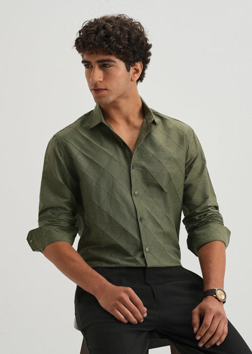 Olive Green Diamond Self Pattern Shirt