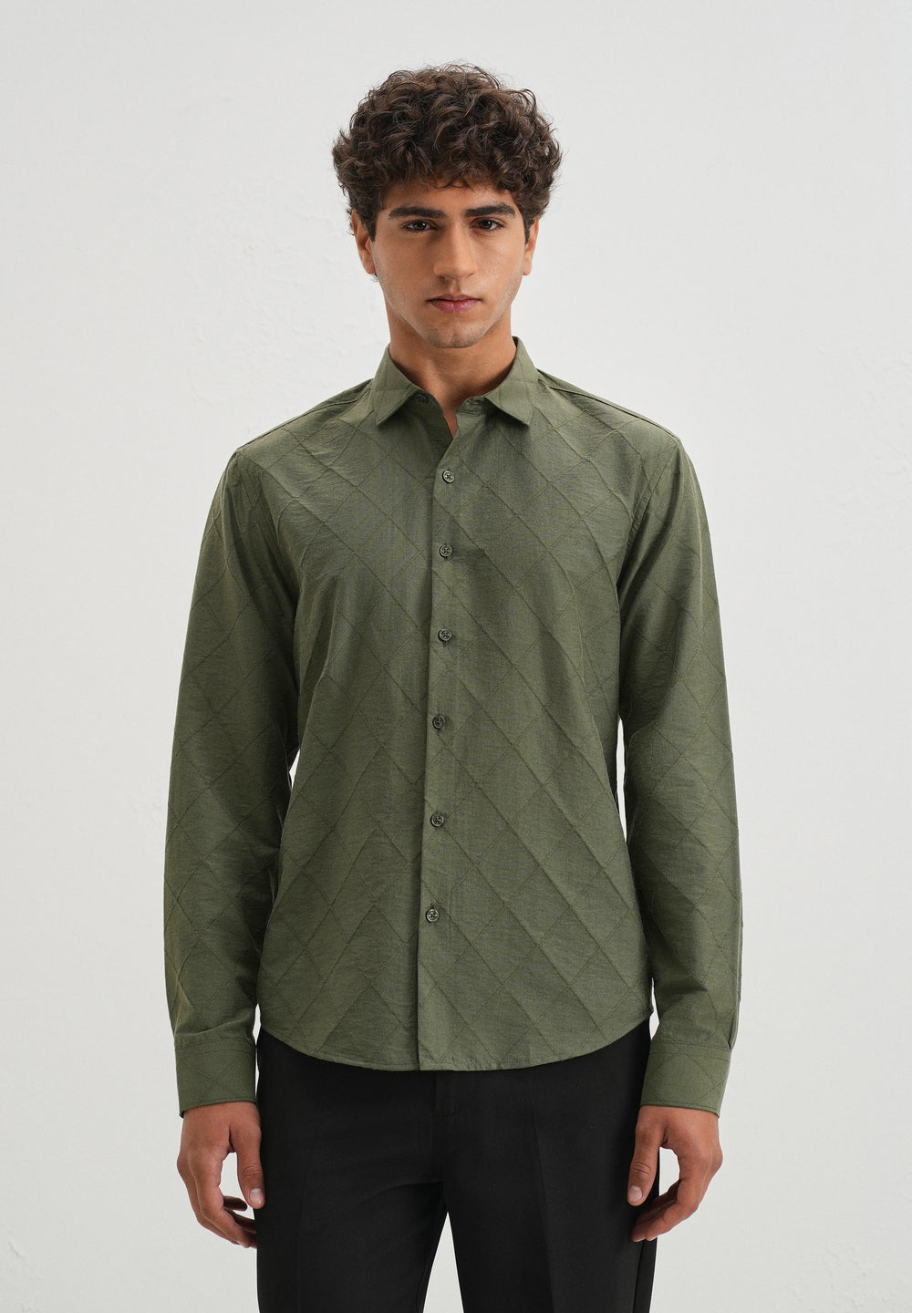 Olive Green Diamond Self Pattern Shirt