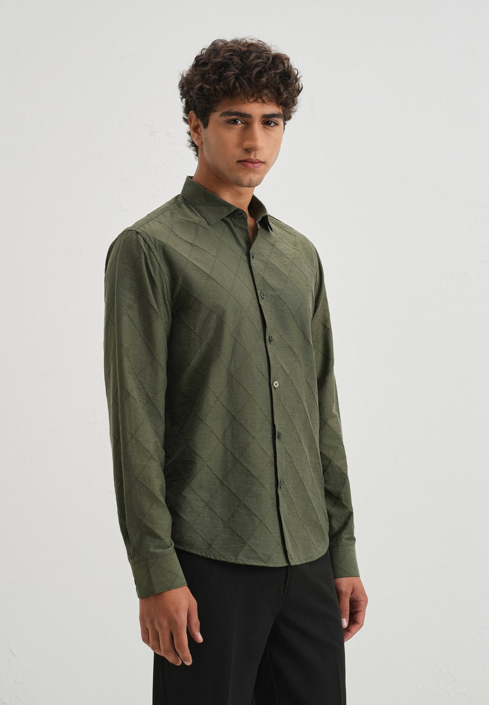 Olive Green Diamond Self Pattern Shirt