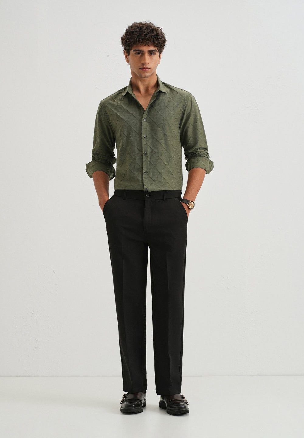 Olive Green Diamond Self Pattern Shirt