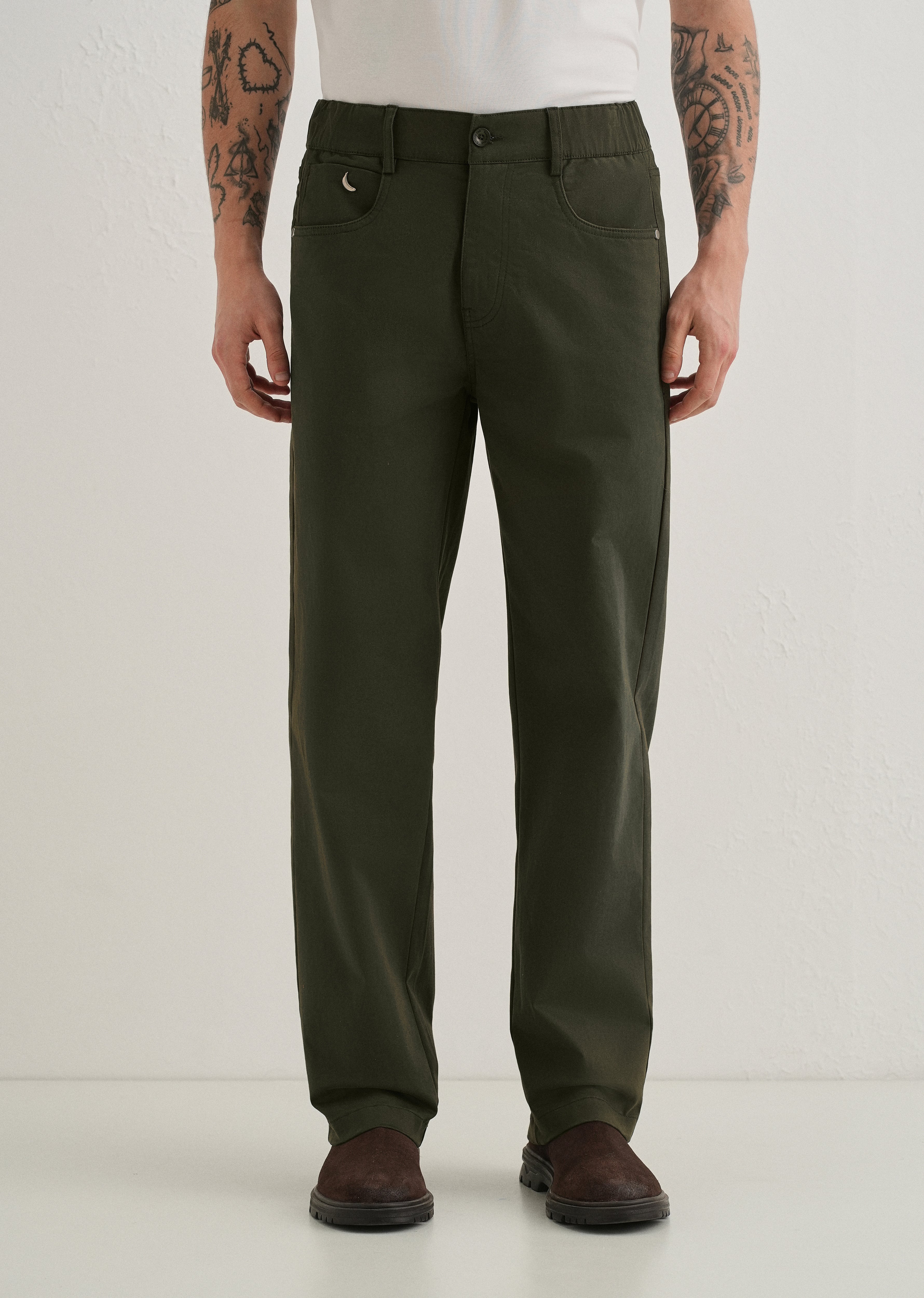 Olive Green Semi-Elasticated Cotton Trouser