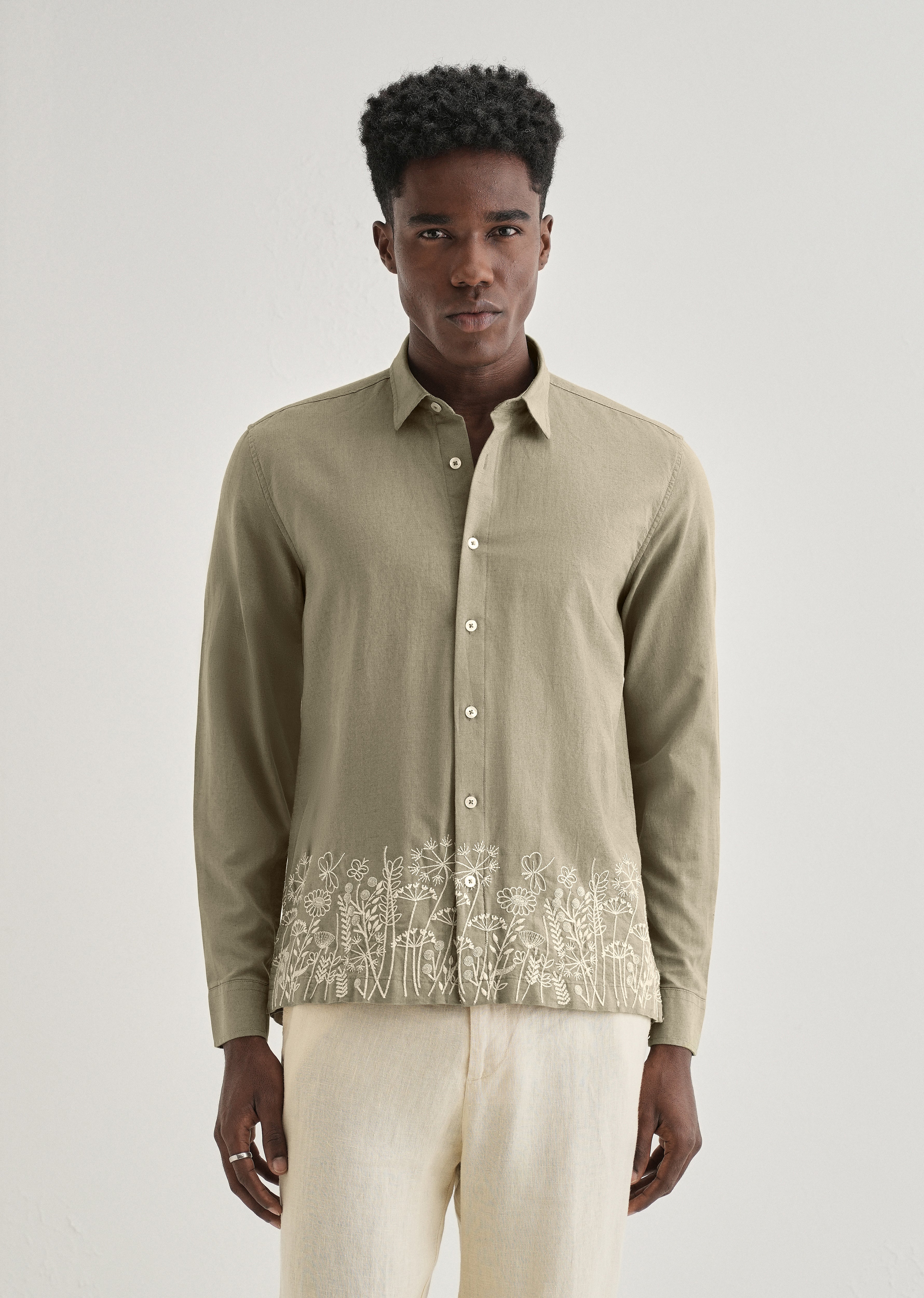 Olive Green Embroidered Cotton Linen Shirt