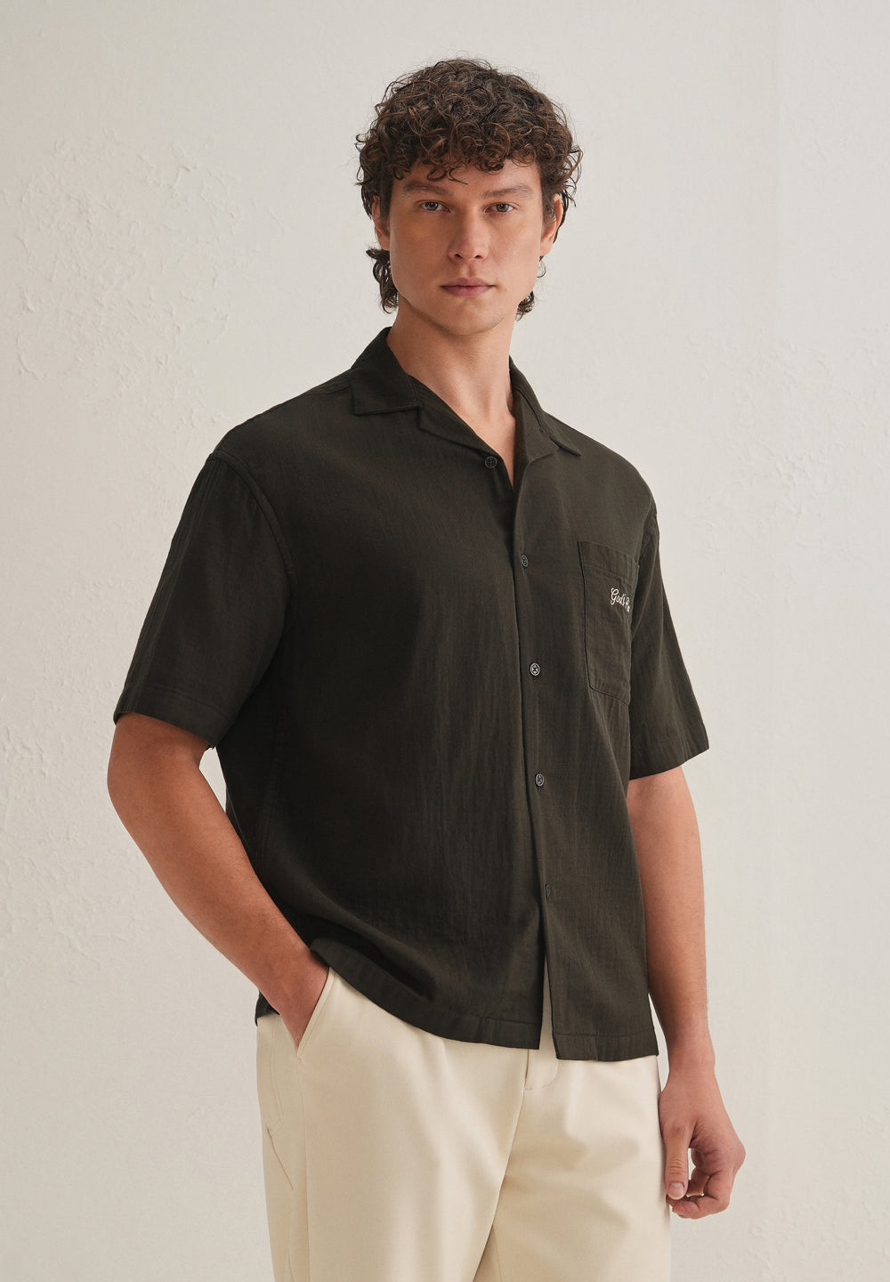 Olive Green Embroidered Double Cloth Cotton Shirt