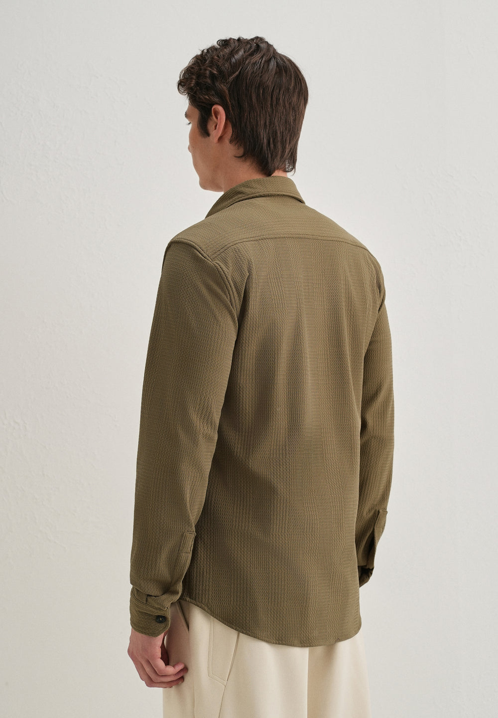 Olive Green Grid Textured Knit Shirt