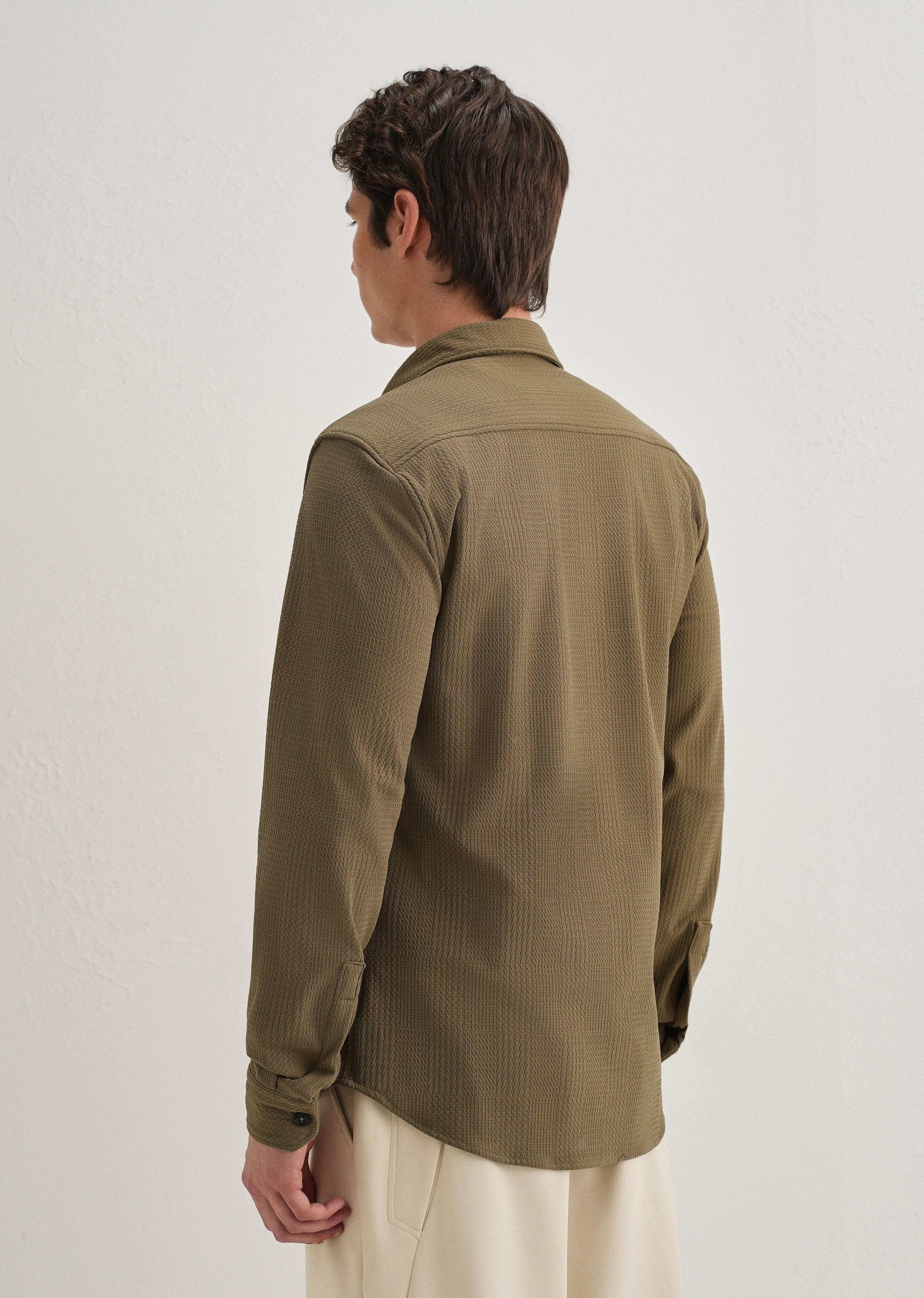 Olive Green Grid Textured Knit Shirt