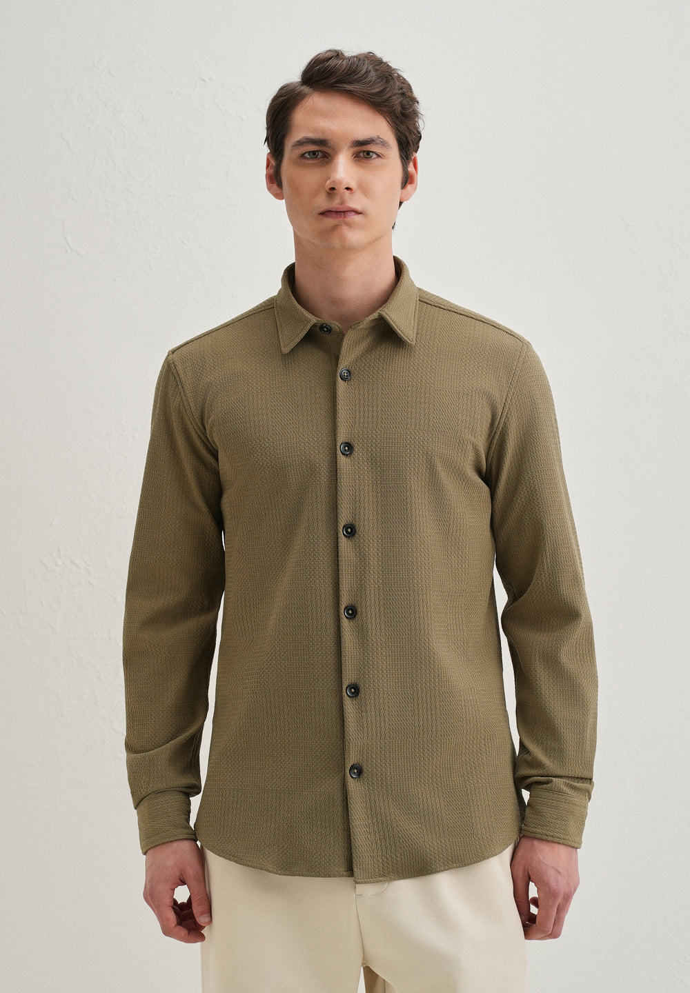 Olive Green Grid Textured Knit Shirt