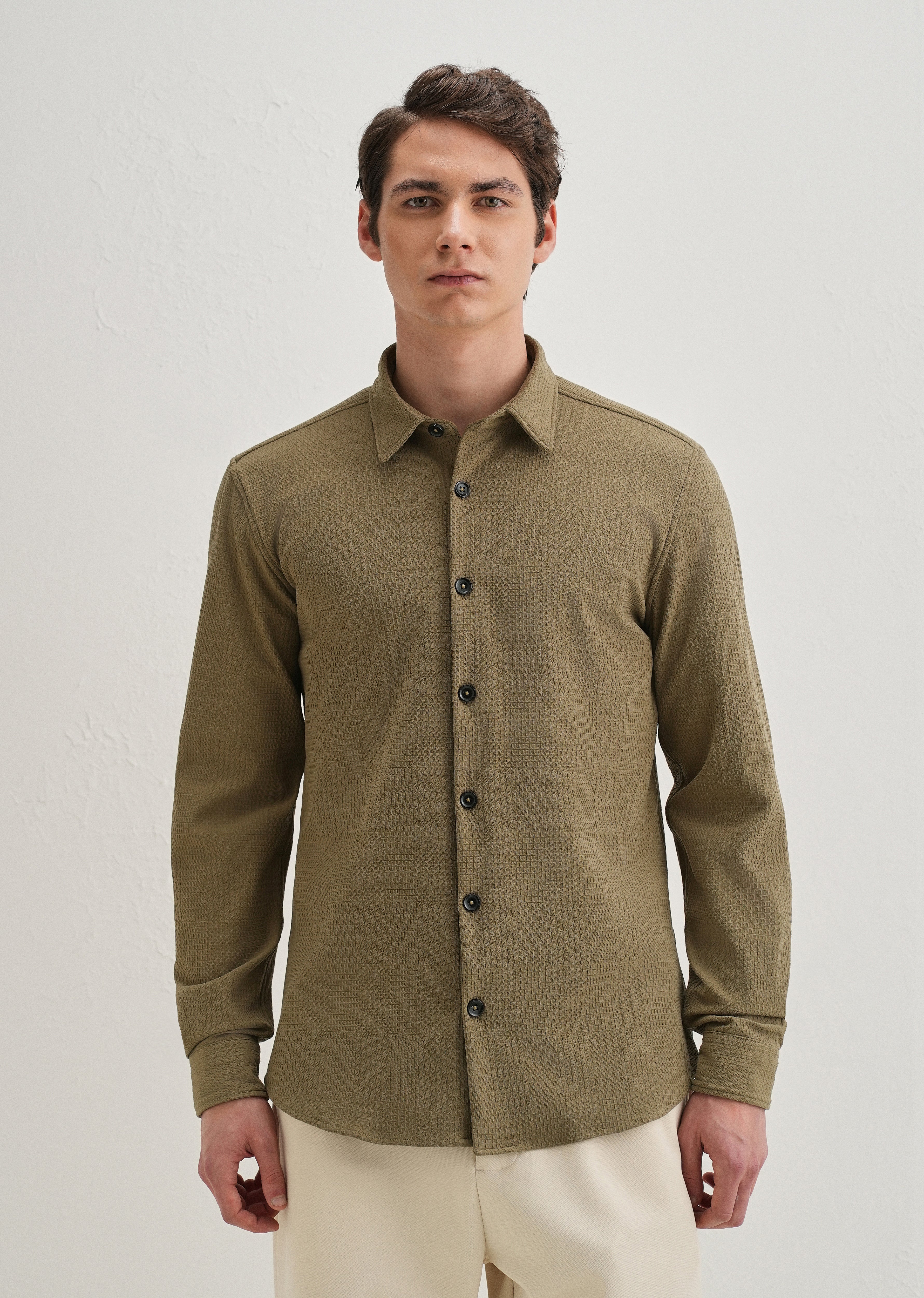 Olive Green Grid Textured Knit Shirt
