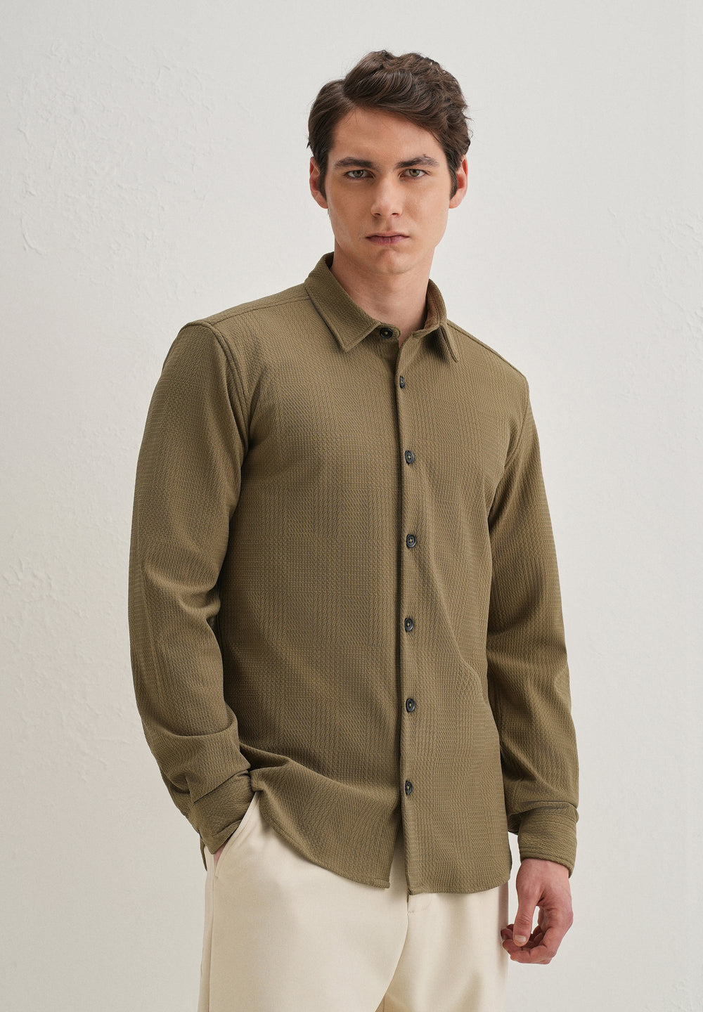 Olive Green Grid Textured Knit Shirt