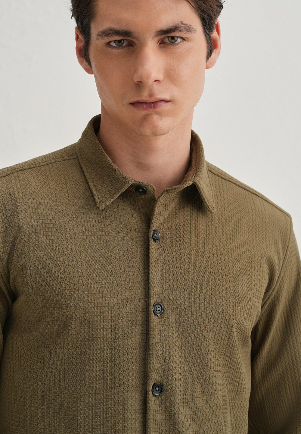 Olive Green Grid Textured Knit Shirt
