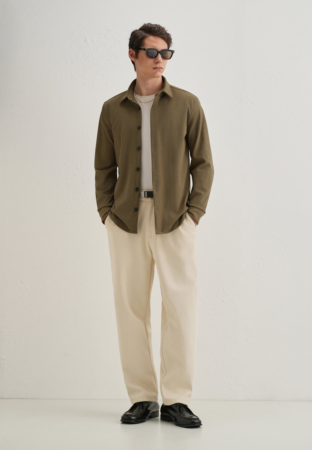 Olive Green Grid Textured Knit Shirt