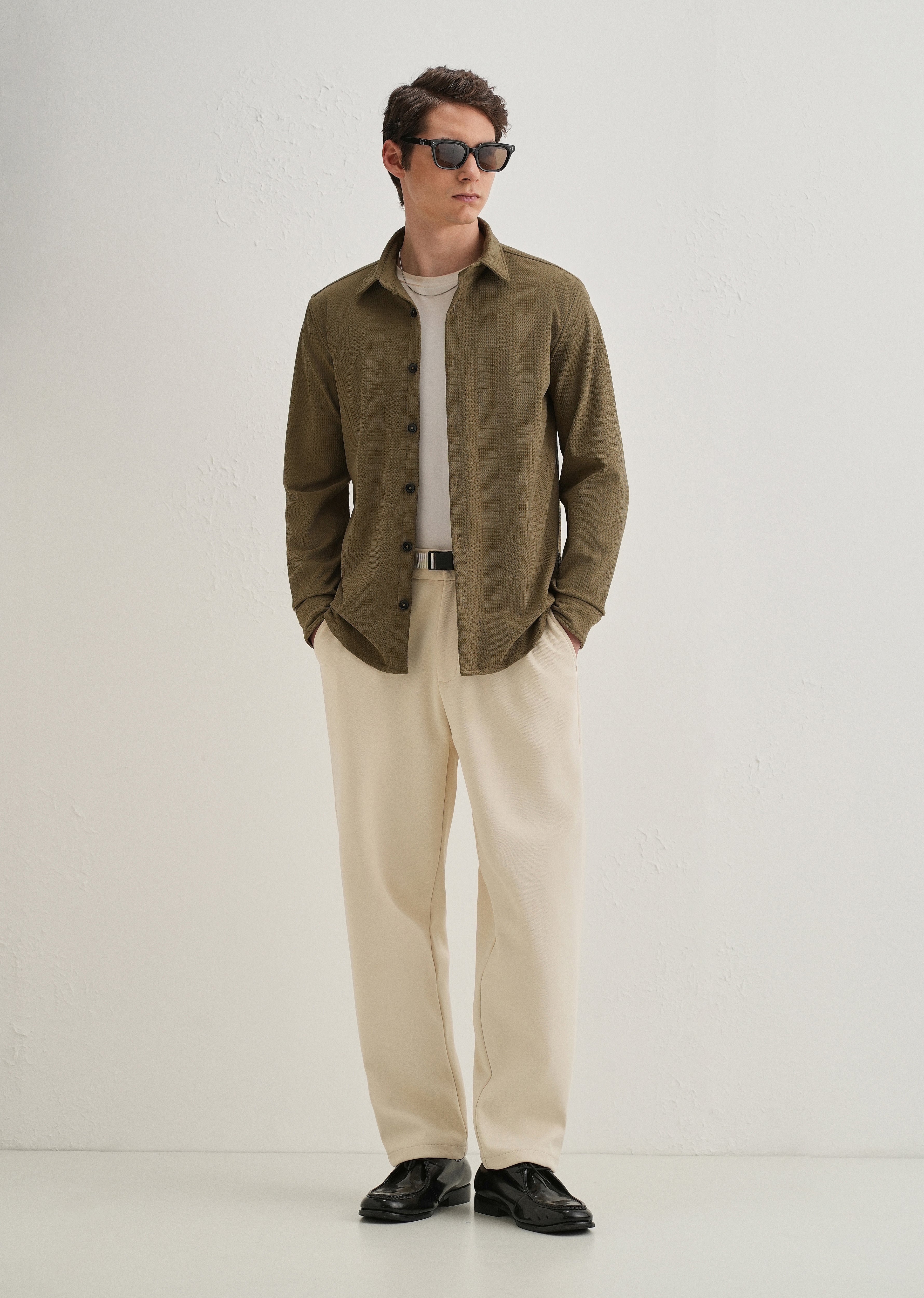 Olive Green Grid Textured Knit Shirt