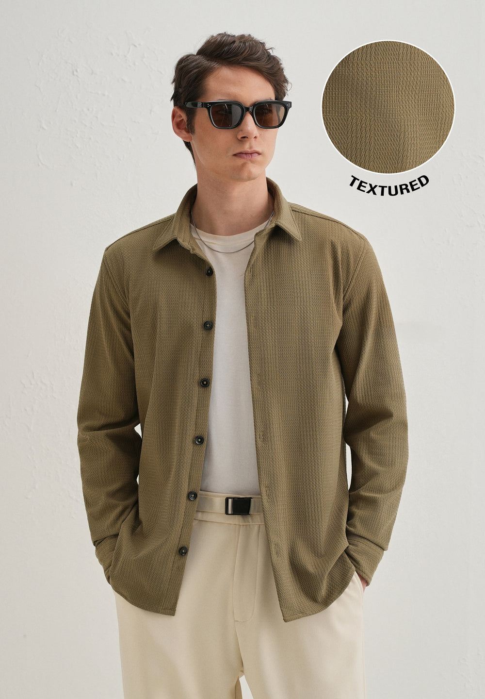 Olive Green Grid Textured Knit Shirt