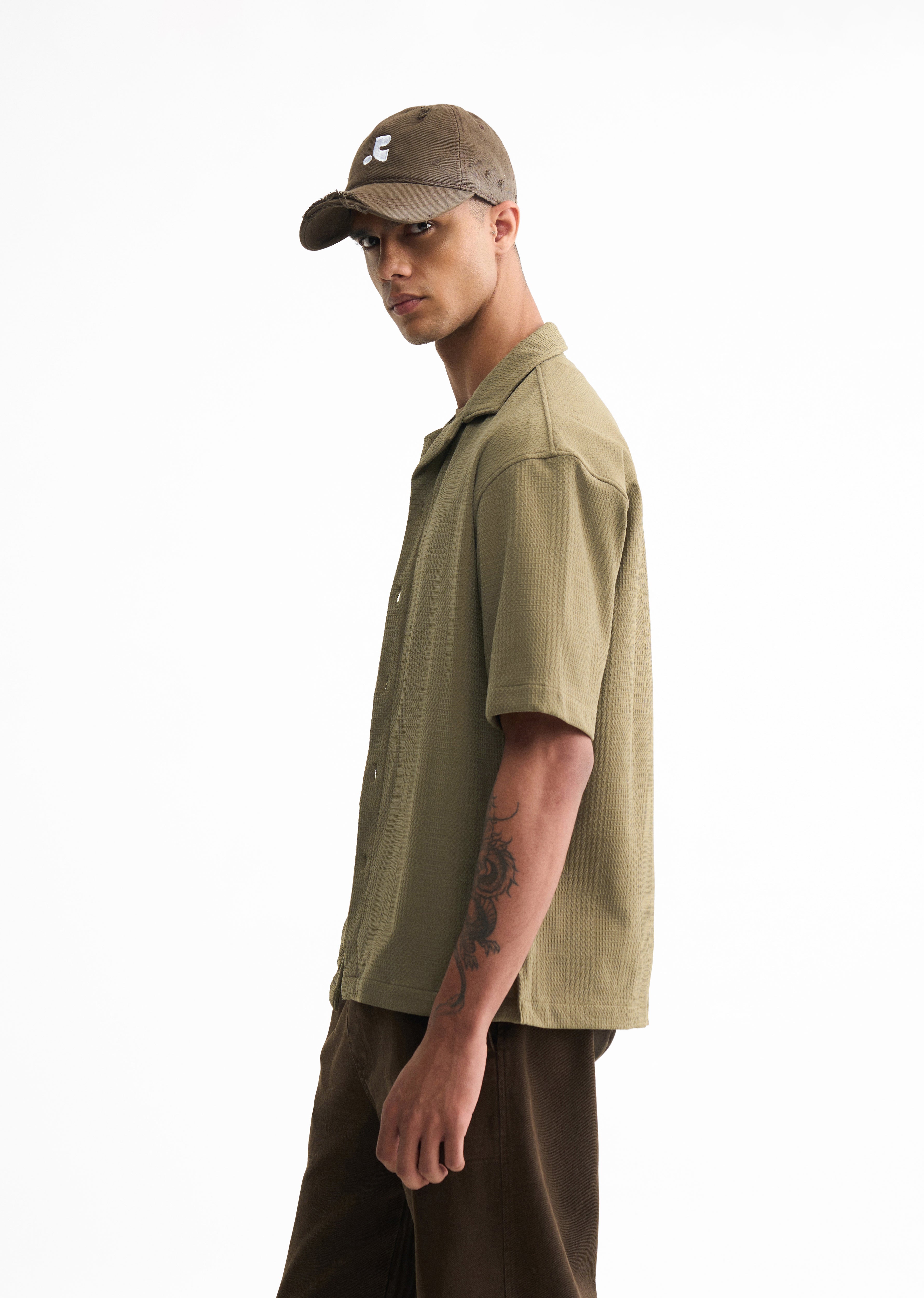 Olive Green Textured Knitted Shirt
