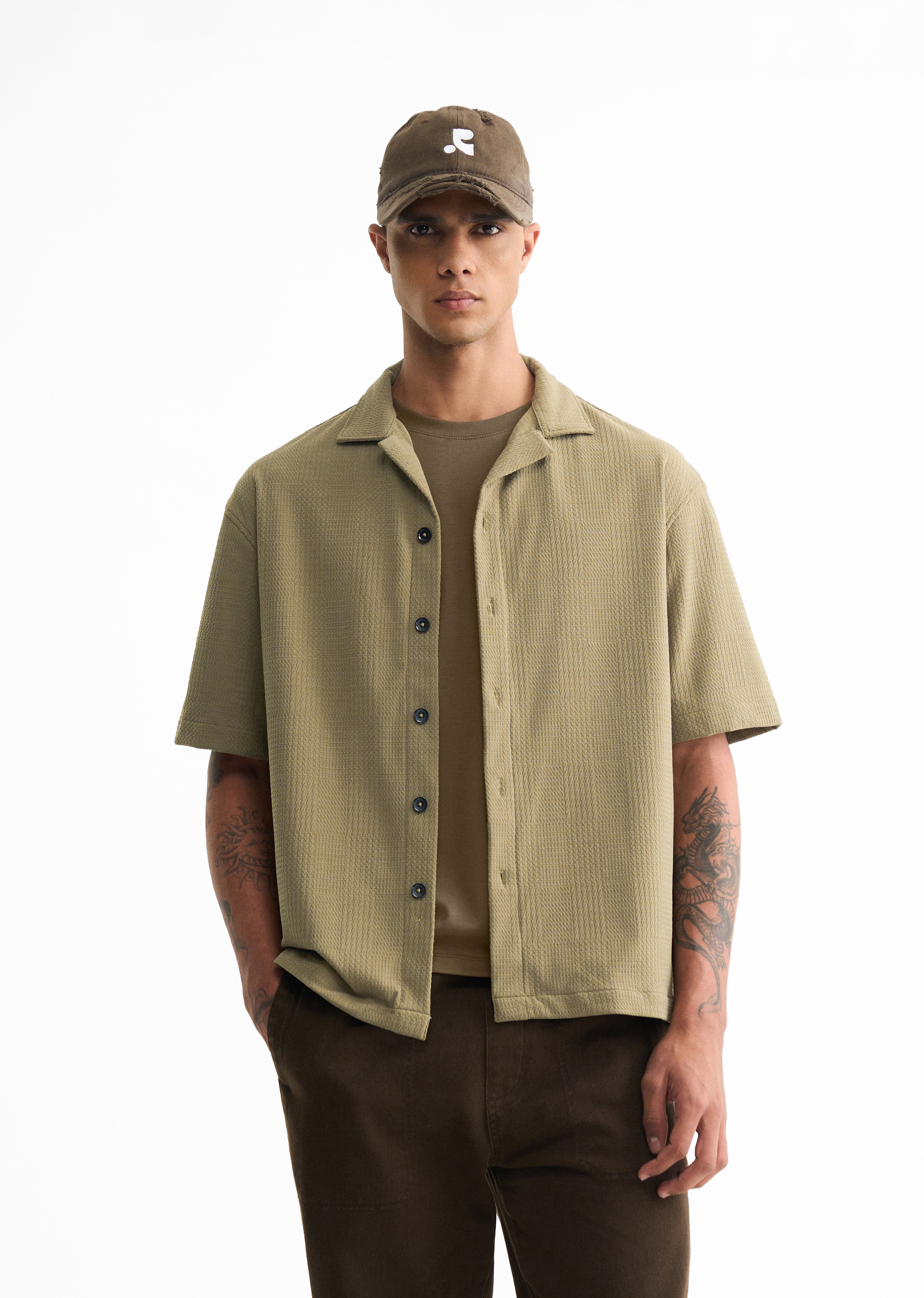 Olive Green Textured Knitted Shirt