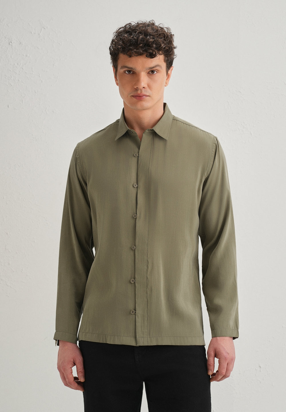 Olive Green Loop Button-Down Plain Shirt