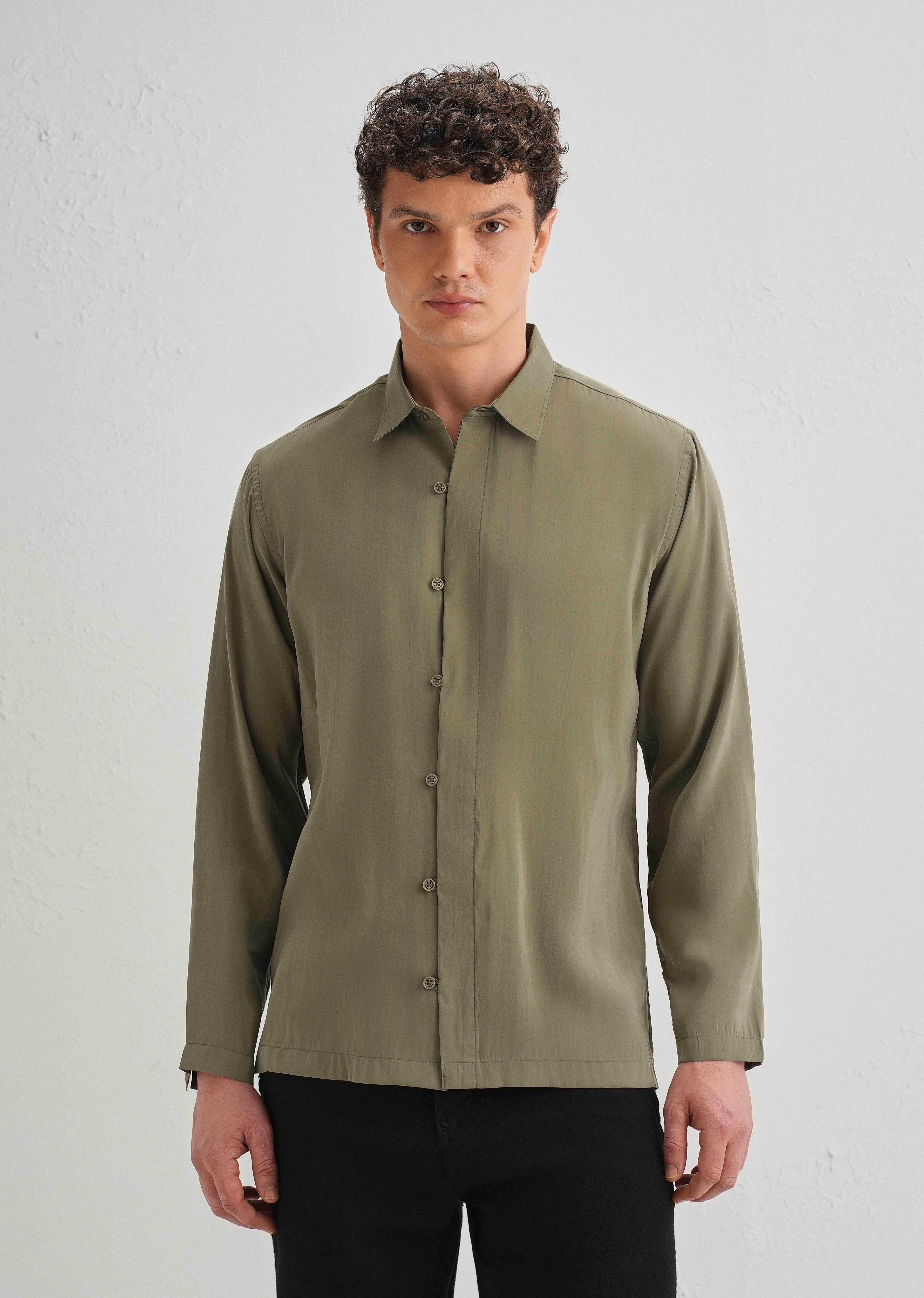 Olive Green Loop Button-Down Plain Shirt