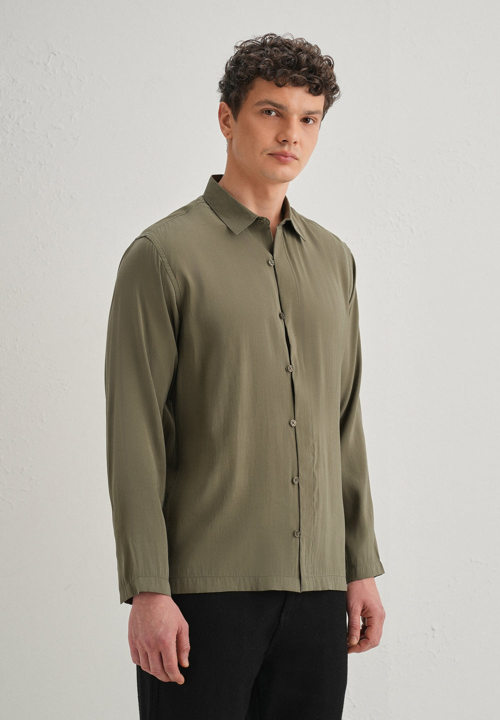 Olive Green Loop Button-Down Plain Shirt