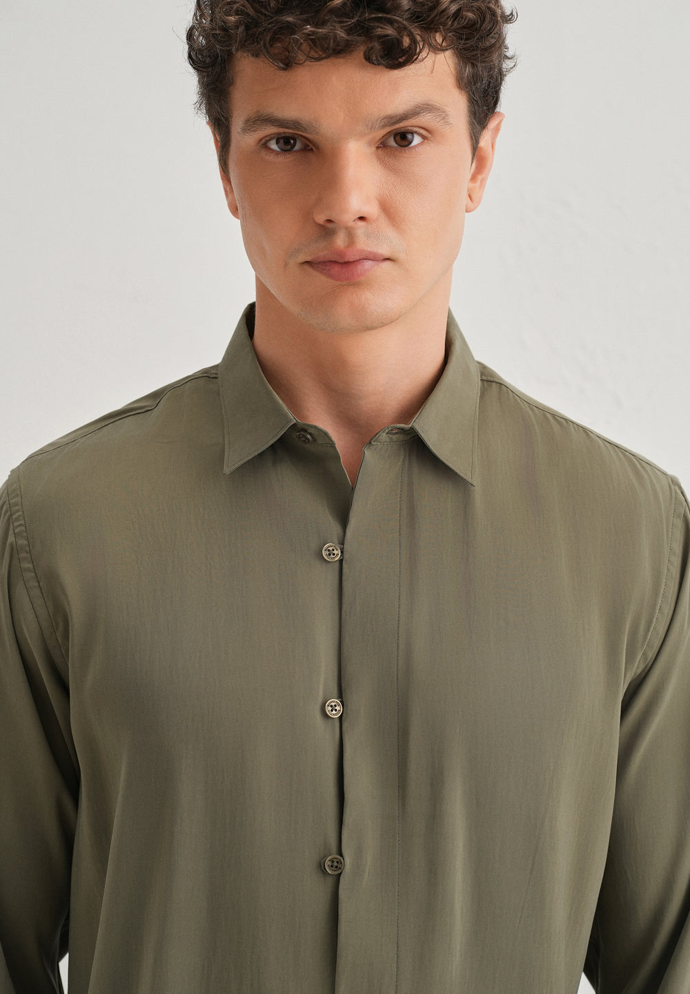 Olive Green Loop Button-Down Plain Shirt