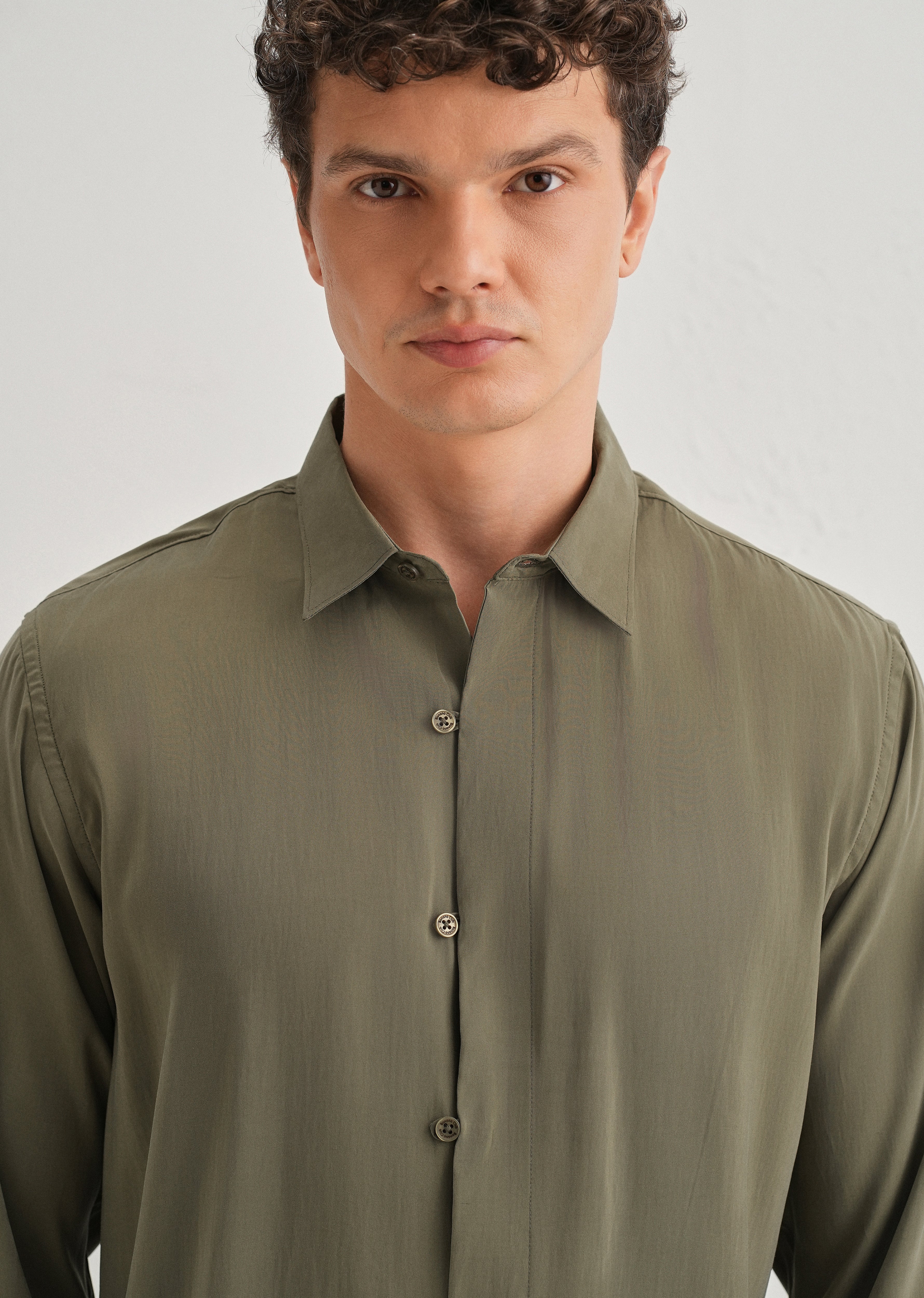 Olive Green Loop Button-Down Plain Shirt